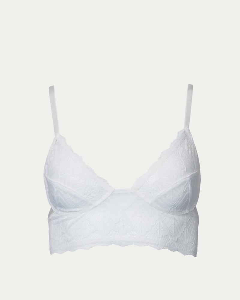 Front of a size L Strappy Lace Longline Bralette in White in White by LETO. | dia_product_style_image_id:339840